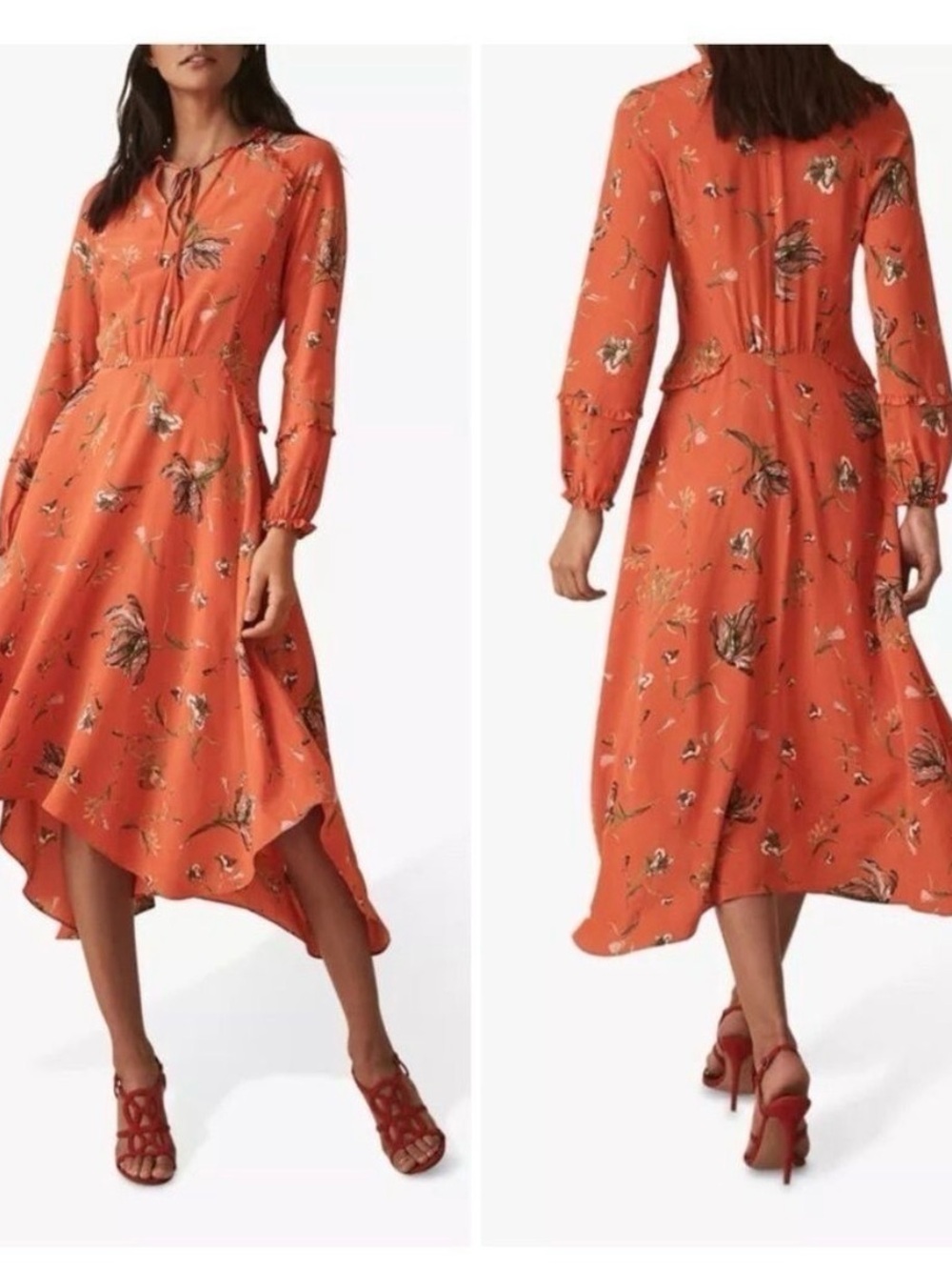 Reiss Orange Floral Tie-Neck High-Low Midi Dress